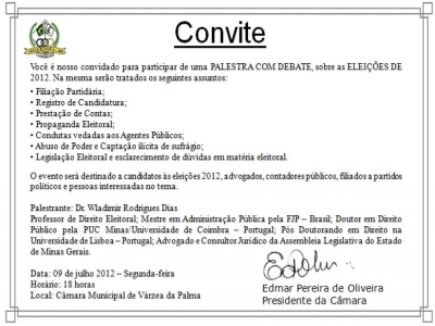 Convite para Palestra com Debate, sobre as Eleições de 2012