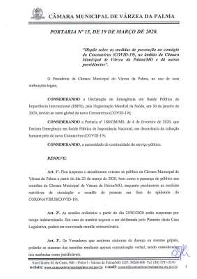 PORTARIA Nº 15, DE 19 DE MARÇO DE 2020 - Dispõe sobre as medidas de prevenção ao contágio do Coronavírus